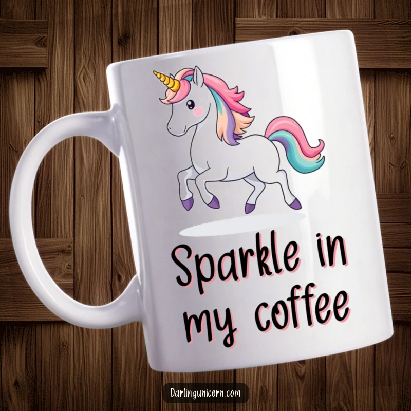 Funny Unicorn Rainbow Mug: A majestic unicorn prances joyfully, leaving a vibrant rainbow trail, embodying whimsical magic and humor.