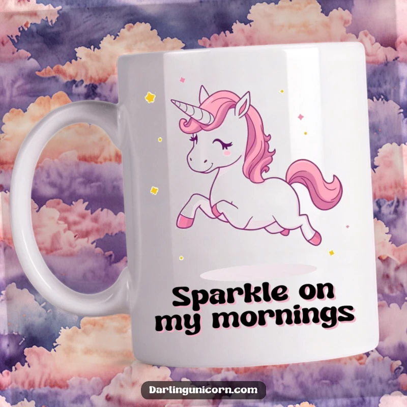 Funny mug featuring an excited unicorn kicking up shimmering star dust as it trots, symbolizing boundless energy and fun.