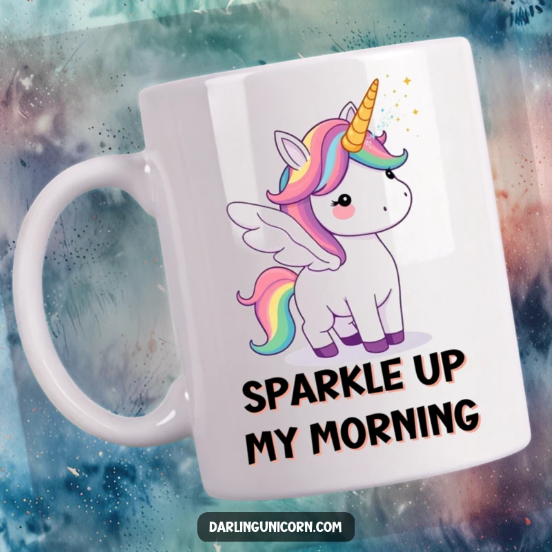 Funny mug featuring a unicorn with rainbow wings blowing glitter from its horn, spreading joy and laughter.