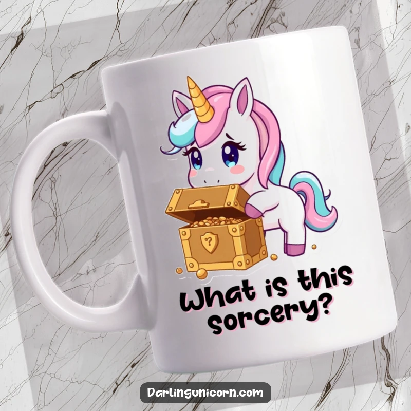 Funny mug featuring a unicorn with wide, surprised eyes discovering a treasure chest overflowing with gold.