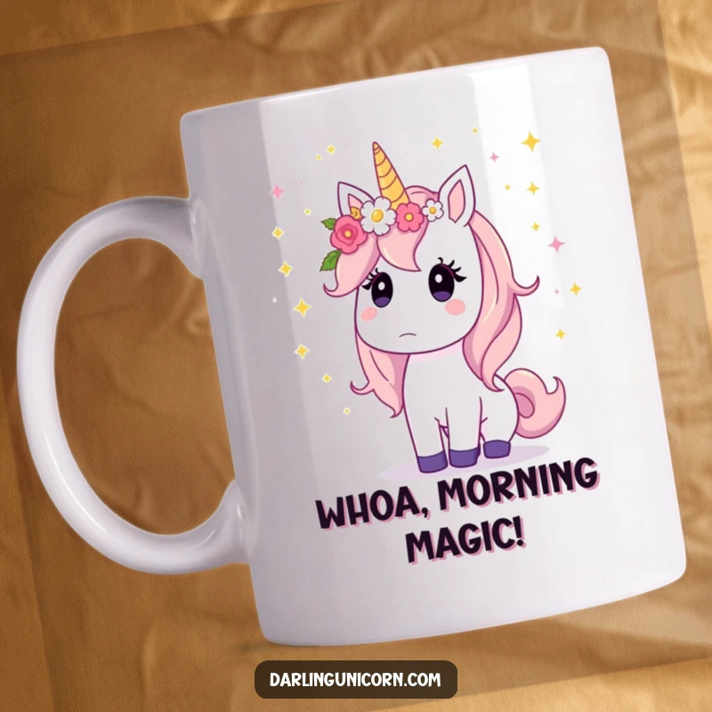 Funny unicorn wearing a flower crown, looking surprised as stardust gently cascades down around it.