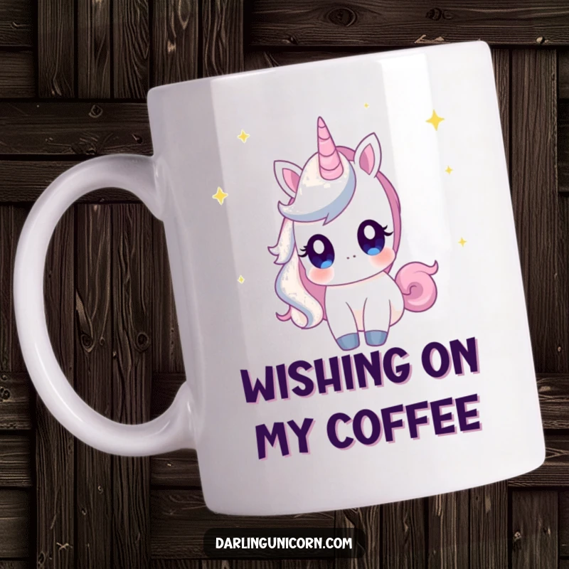 Funny mug showing a unicorn with wide, curious eyes, gazing in awe at a sky full of shooting stars, inspiring wonder.