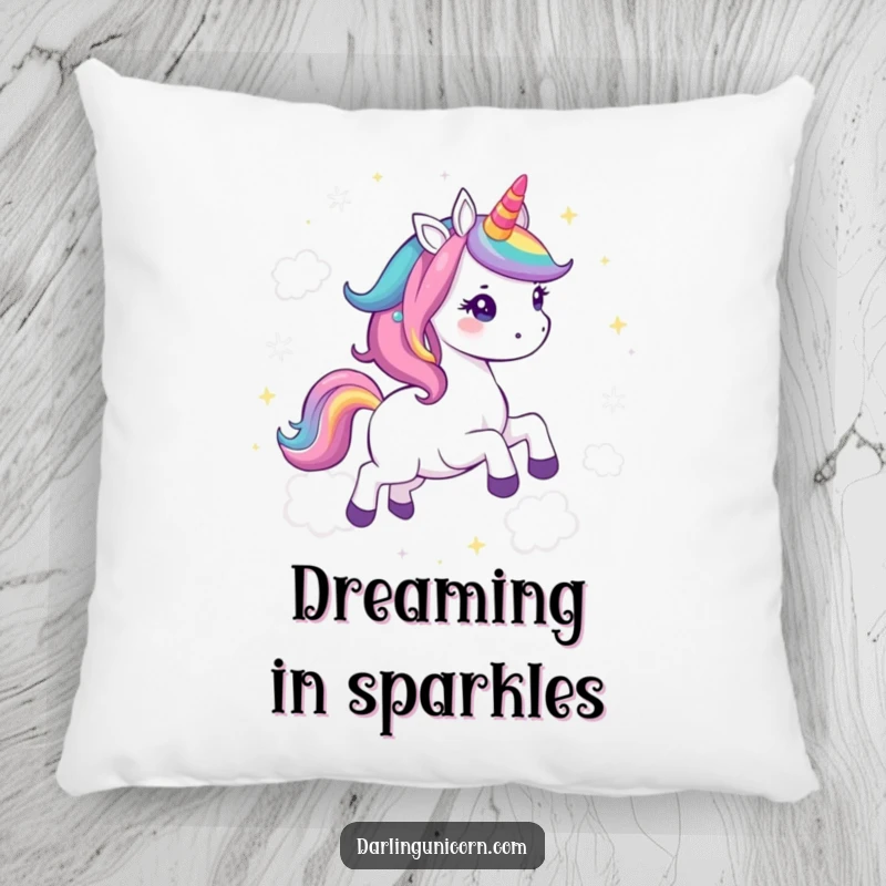 Funny Kawaii Unicorn Pillow: A cute unicorn with a rainbow mane gallops through fluffy clouds, offering comfort and whimsy.