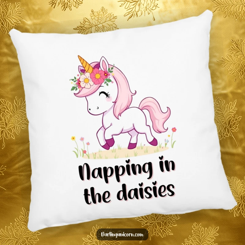 Funny pillow featuring a unicorn with a charming flower crown, happily prancing in a serene meadow, for ultimate comfort.