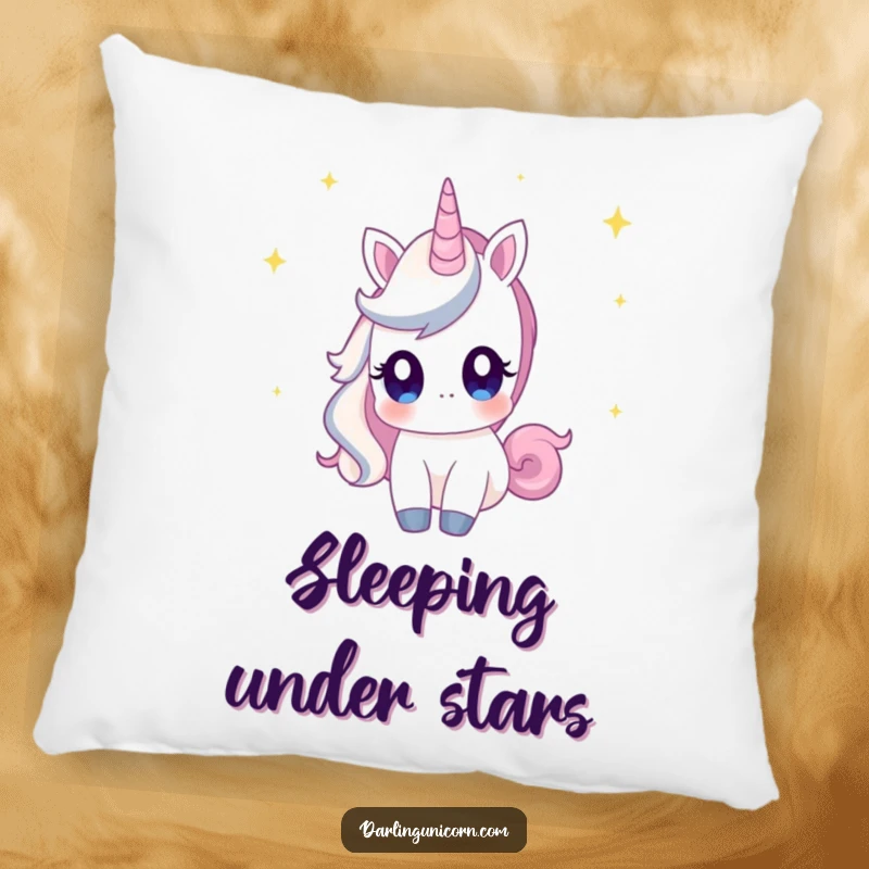 Funny pillow featuring a unicorn with wide, curious eyes, gazing at shooting stars, perfect for dreamy comfort.