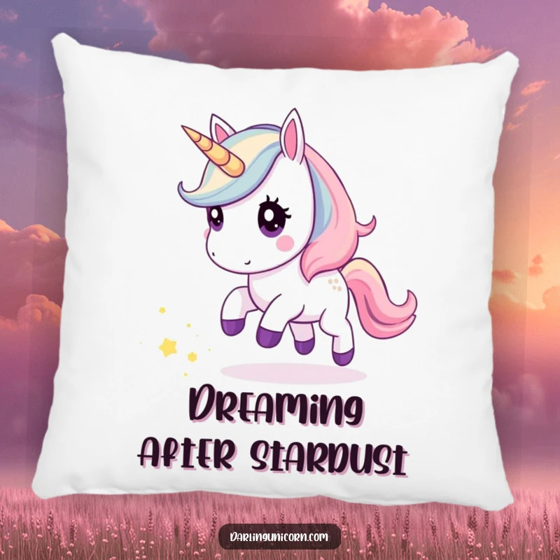 Funny pillow featuring a cute kawaii unicorn with curious eyes chasing a sparkling trail of stardust, bringing soft, magical comfort.