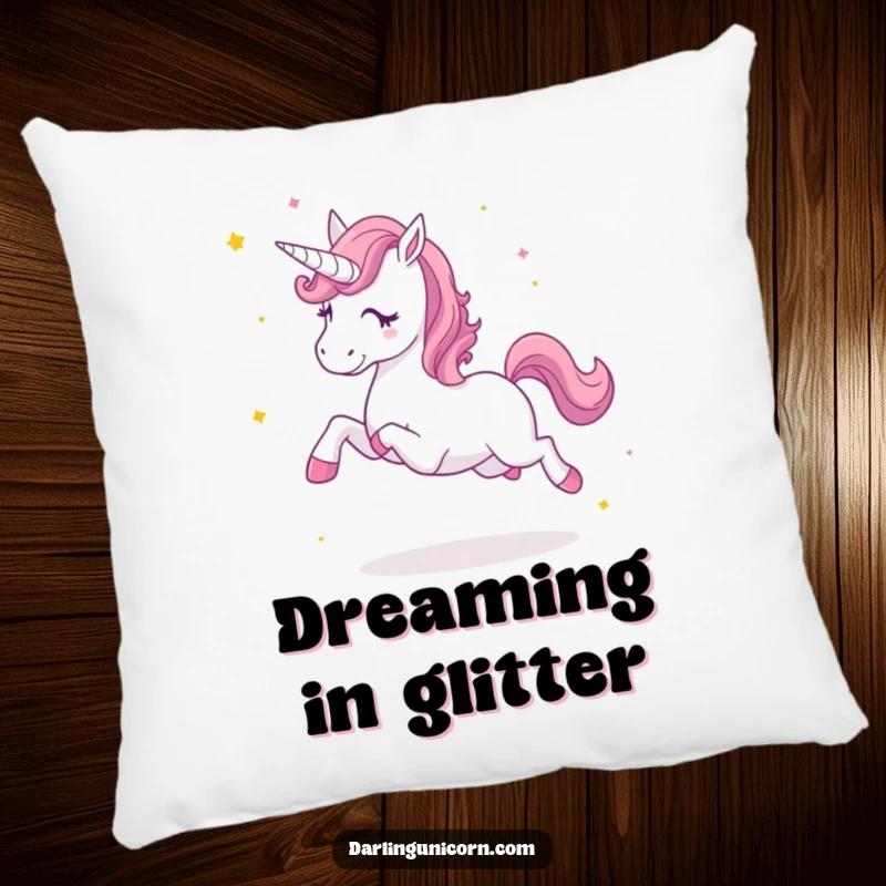 Funny pillow featuring a lively unicorn kicking up star dust, providing comfort and a dose of magical excitement.