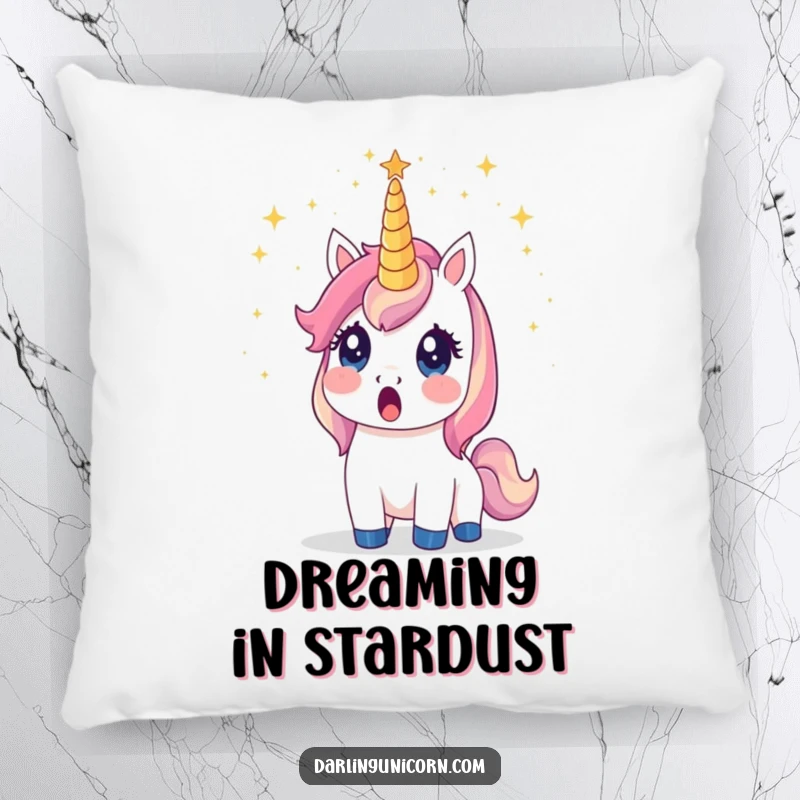 Funny unicorn pillow showing a surprised unicorn whose horn emits a shower of stardust, perfect for magical relaxation.