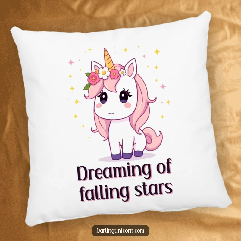 Funny unicorn with a flower crown, eyes wide with surprise as stardust falls gently, offering soft magic.