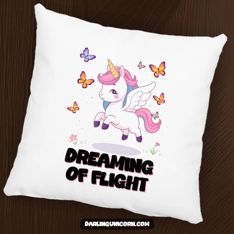 Funny pillow designed with a winged unicorn playfully pursuing butterflies, offering soft comfort and enchanting vibes.