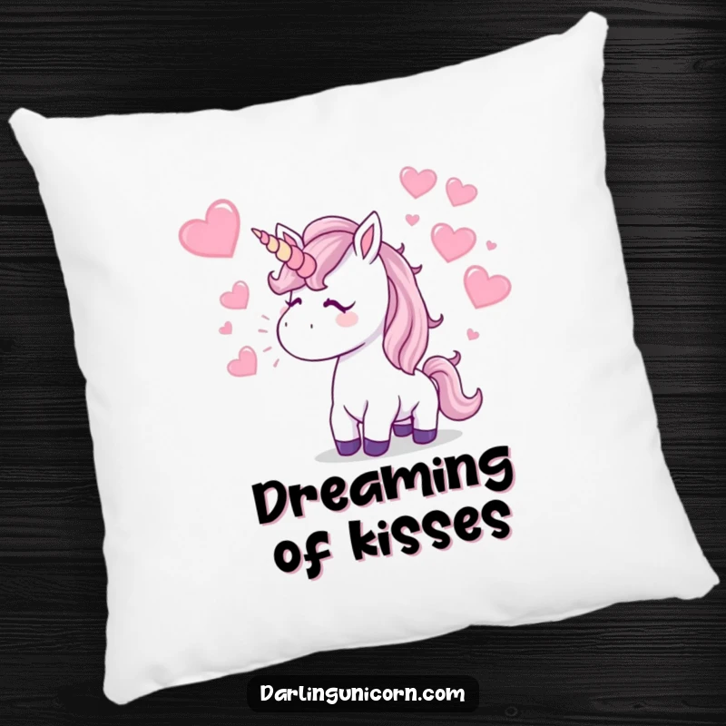 Funny Pillow: A unicorn blows a kiss, showering sparkling hearts, creating a soft, humorous, and romantic decorative accent.
