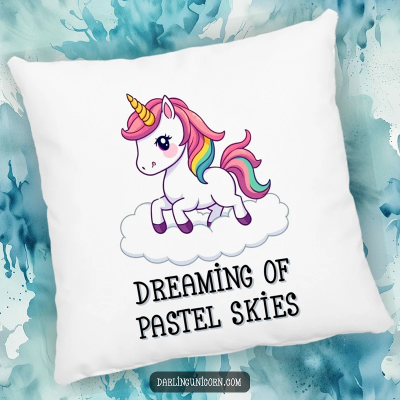 Funny kawaii unicorn with a brilliant rainbow mane prancing joyfully through soft, fluffy clouds, embroidered on a cozy decorative pillow.
