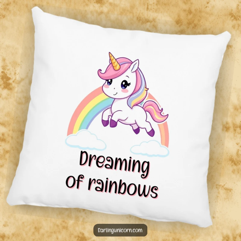 Funny unicorn pillow with a cheerful unicorn happily leaping over a colorful rainbow, adding comfort and magical charm to any seating area.