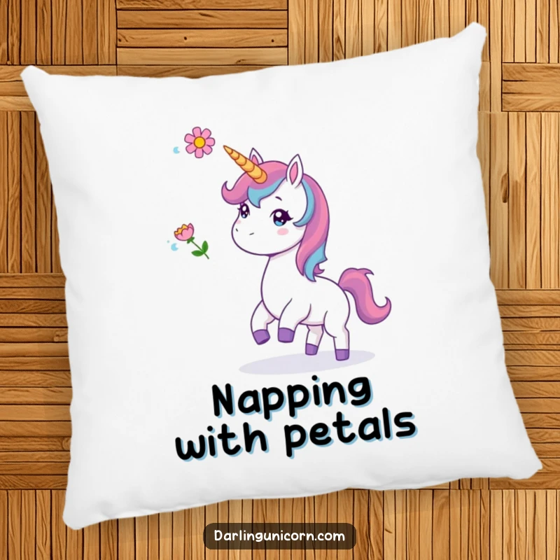 Funny pillow featuring a unicorn playfully tossing a flower, offering comfort and a charmingly whimsical aesthetic.