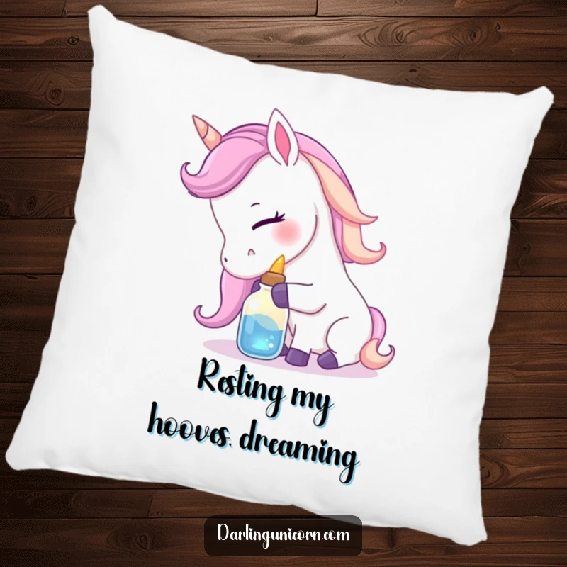 Funny pillow showing a gentle unicorn nuzzling a small, luminous potion bottle with affection, adding comfort and magical charm to any room.