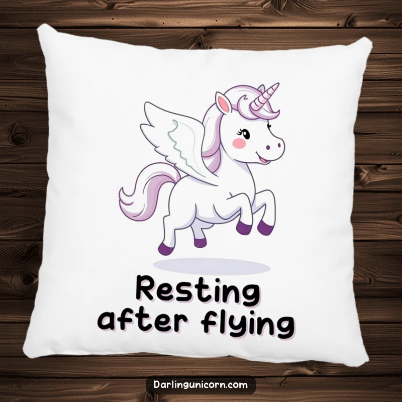 Funny happy unicorn with large, spread wings, galloping gracefully on a soft and comforting decorative pillow.