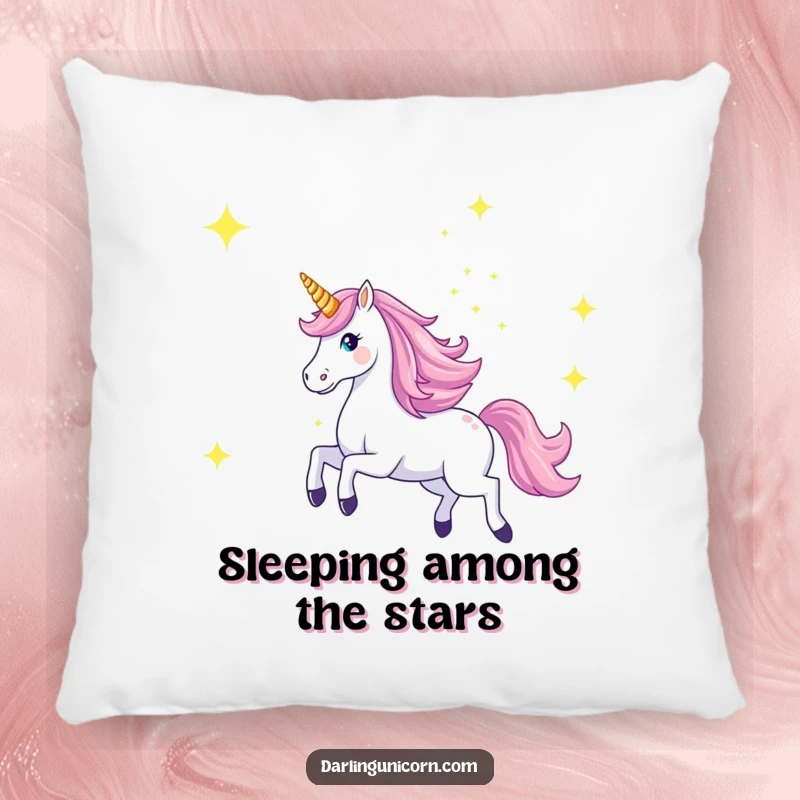 Funny pillow showing a majestic unicorn galloping across a starry sky with its horn aglow, adding celestial comfort and magic.