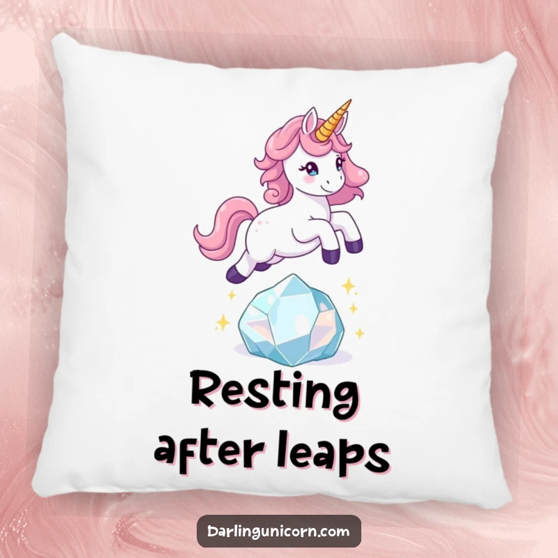 Funny unicorn pillow showing a playful unicorn leaping over a sparkling crystal, bringing cozy fun and sparkle.