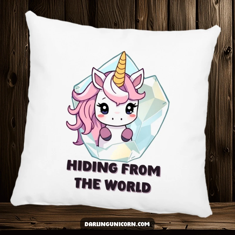 Funny pillow showing a shy unicorn peeking out from behind a large, translucent crystal, adding comfort and mysterious charm.
