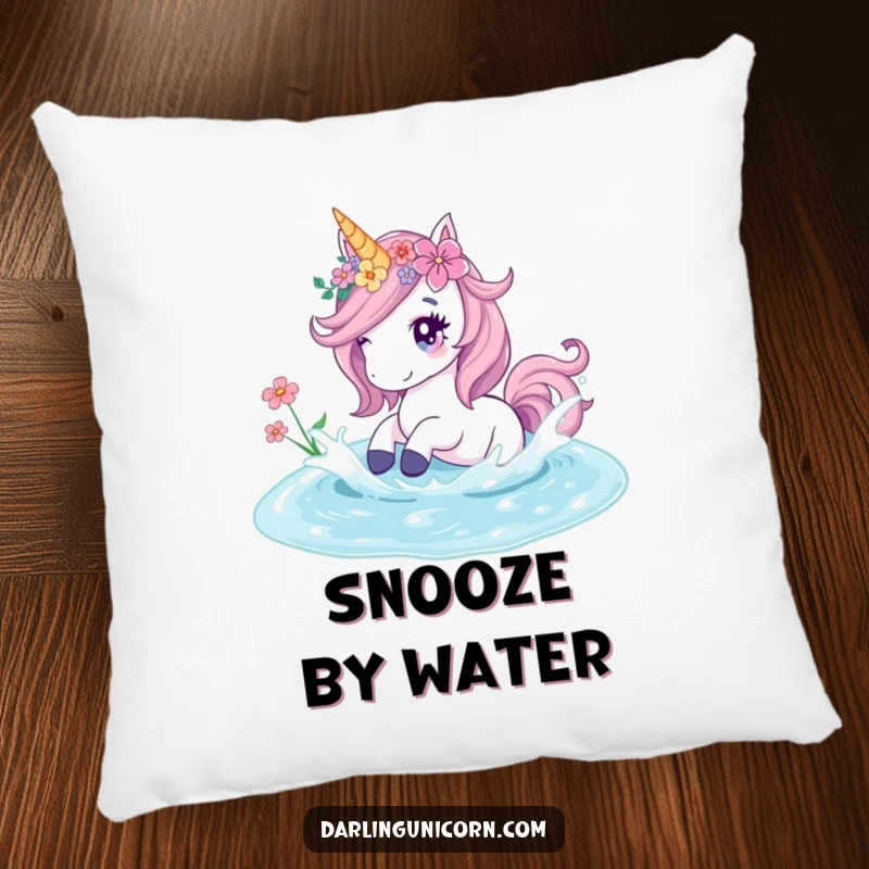 Funny pillow featuring a floral-adorned unicorn playfully splashing in a crystal pond, offering serene and cozy comfort.