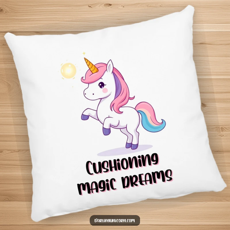 Funny unicorn pillow with a playful unicorn tossing a shimmering magical orb, providing soft comfort with a touch of enchanting fun.
