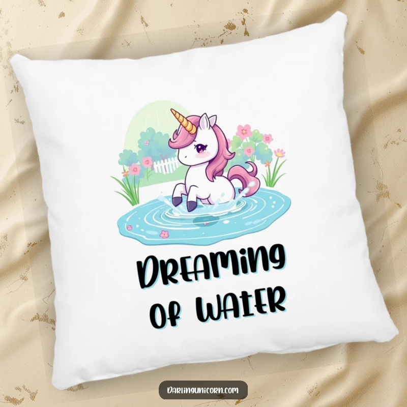 Funny Pillow featuring a unicorn splashing playfully in a magical pond, ideal for adding cozy enchantment.