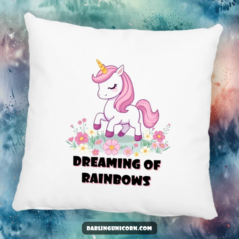 Funny unicorn prancing with a glowing horn on a field of sparkling glitter flowers, offering soft, magical comfort.