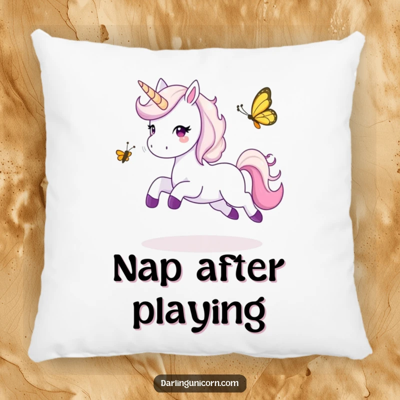 Funny pillow showcasing a unicorn joyfully leaping while playing tag with a small butterfly, adding a touch of playful comfort.
