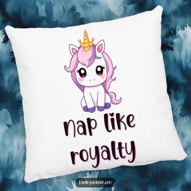 Funny pillow featuring a gentle unicorn with wide eyes balancing a tiny crown on its horn, bringing soft comfort and royal charm.