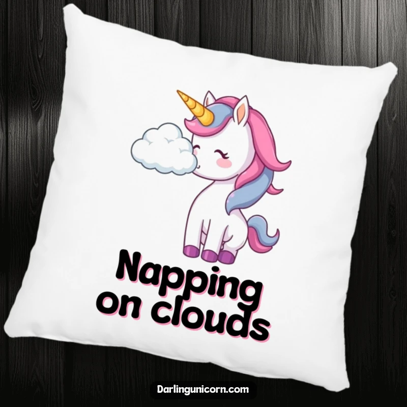 Funny unicorn pillow featuring a unicorn playfully nudging a fluffy cloud, adding a touch of whimsy.