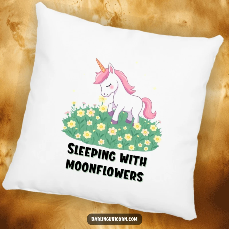 Funny unicorn gently nuzzling glowing moonflowers on a soft and comforting decorative pillow.
