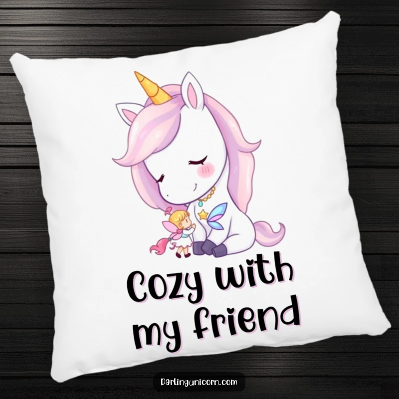 Funny pillow depicting a unicorn softly nuzzling a small fairy, offering comfort and a touch of sweet magic.