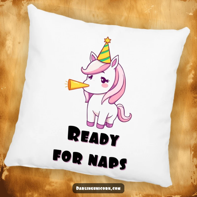 Funny pillow designed with a unicorn in a party hat, blowing a party horn, offering cozy festive vibes.