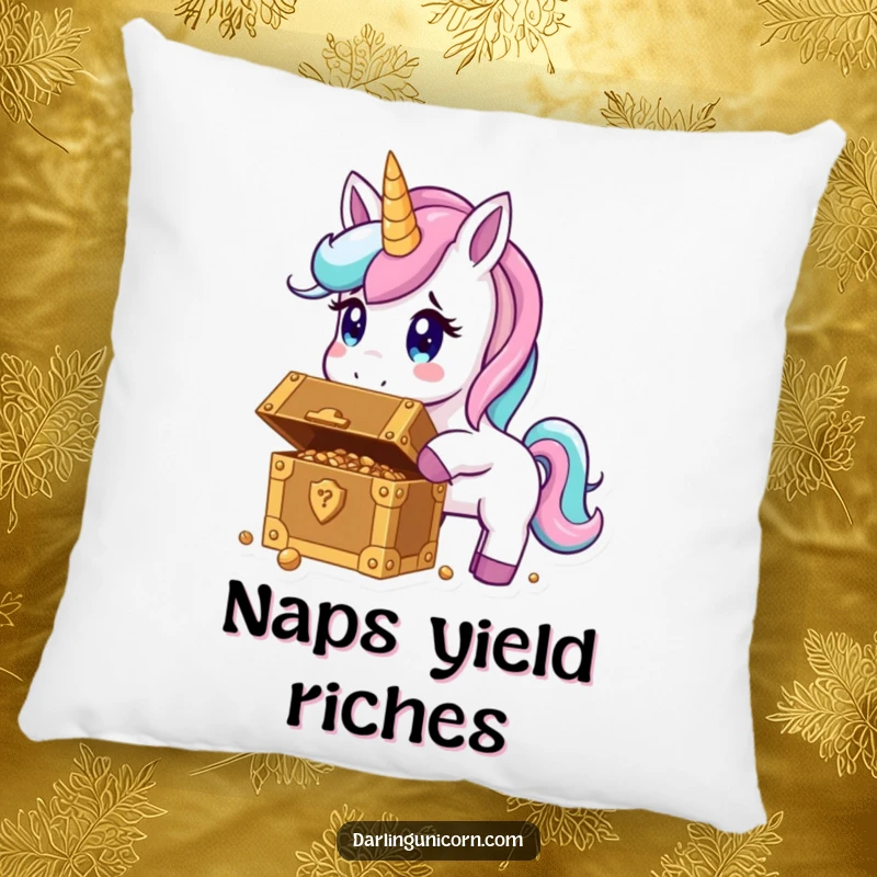 Funny pillow showcasing a surprised unicorn gazing at a chest filled with shimmering treasures, offering cozy fantasy.