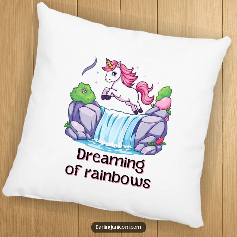 Funny pillow featuring a unicorn gracefully leaping over a sparkling waterfall, providing comfort and a touch of fantasy humor.