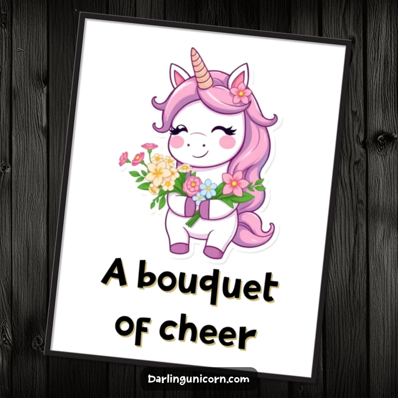 Funny Digital Art Print of a cheerful unicorn holding a beautiful flower bouquet, smiling brightly, bringing joy.