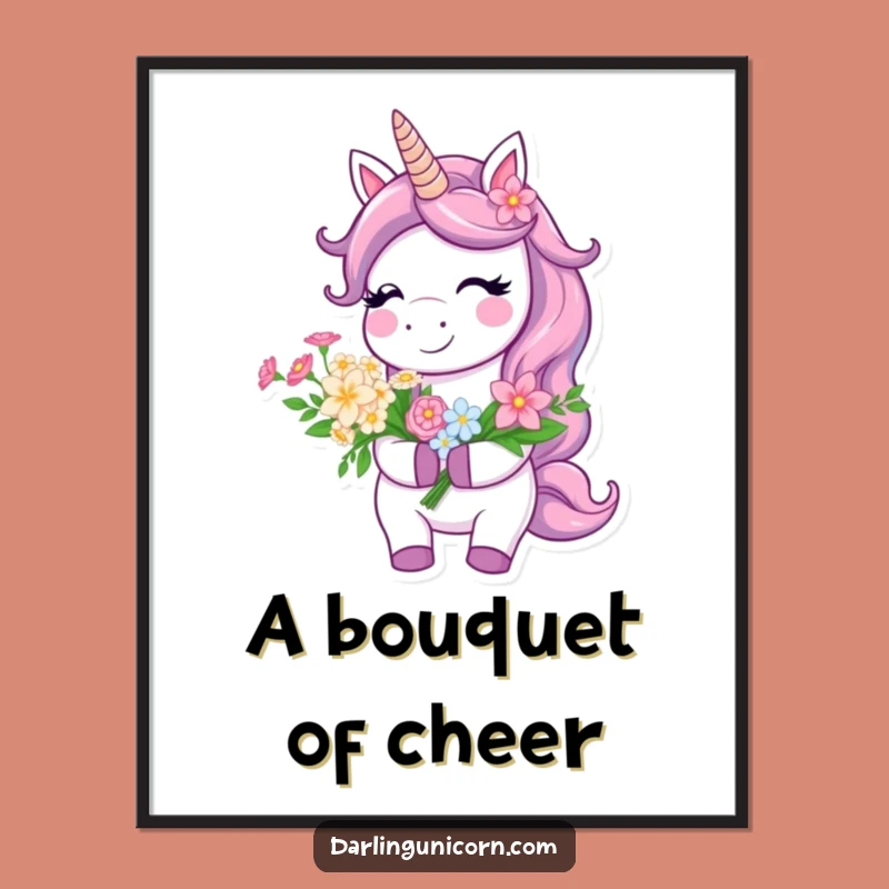 Funny Smiling Unicorn Art - Flower Bouquet Print, Perfect Decor Gift!