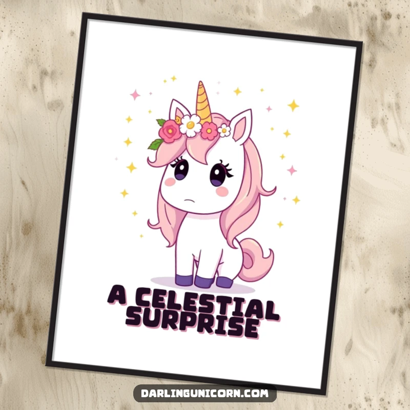 Funny unicorn wearing a flower crown, eyes wide with surprise watching a mesmerizing cascade of stardust fall.