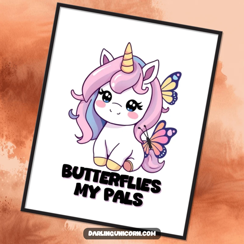 Funny digital art print of a unicorn with a kind smile gently nudging a butterfly, creating a serene and loving ambiance.