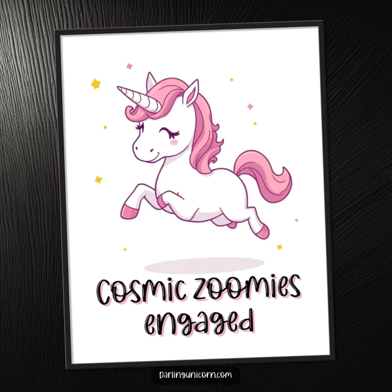 Funny digital art print of an excited unicorn kicking up stardust, embodying energy and enchantment for vibrant decor.