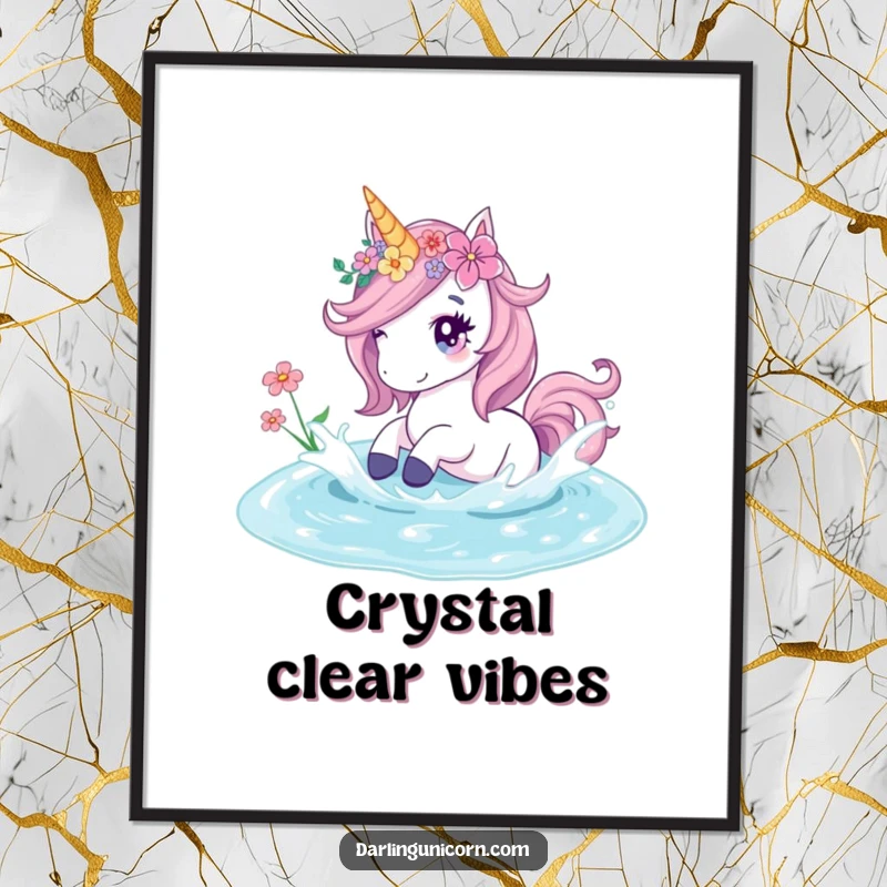 Funny digital art print of a floral unicorn playfully splashing in a crystal pond, perfect for creating serene and magical decor.