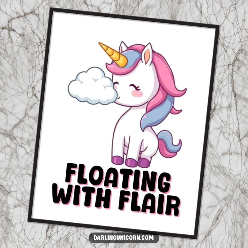 Funny unicorn digital art print of a unicorn playfully nudging a fluffy cloud, creating a whimsical scene.