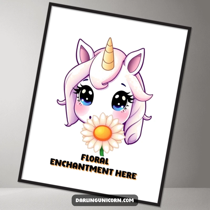 Funny Digital Art Print: A unicorn with innocent eyes humorously sniffs a giant daisy, capturing a moment of pure, whimsical delight.