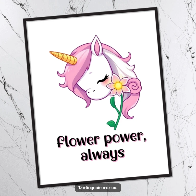 Funny unicorn digital art print of a curious unicorn nuzzling a magical, glowing flower, bringing instant enchantment.