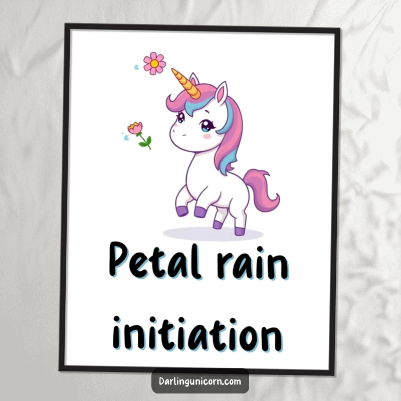 Funny digital art print of a unicorn playfully tossing a flower, creating a whimsical and joyful atmosphere.
