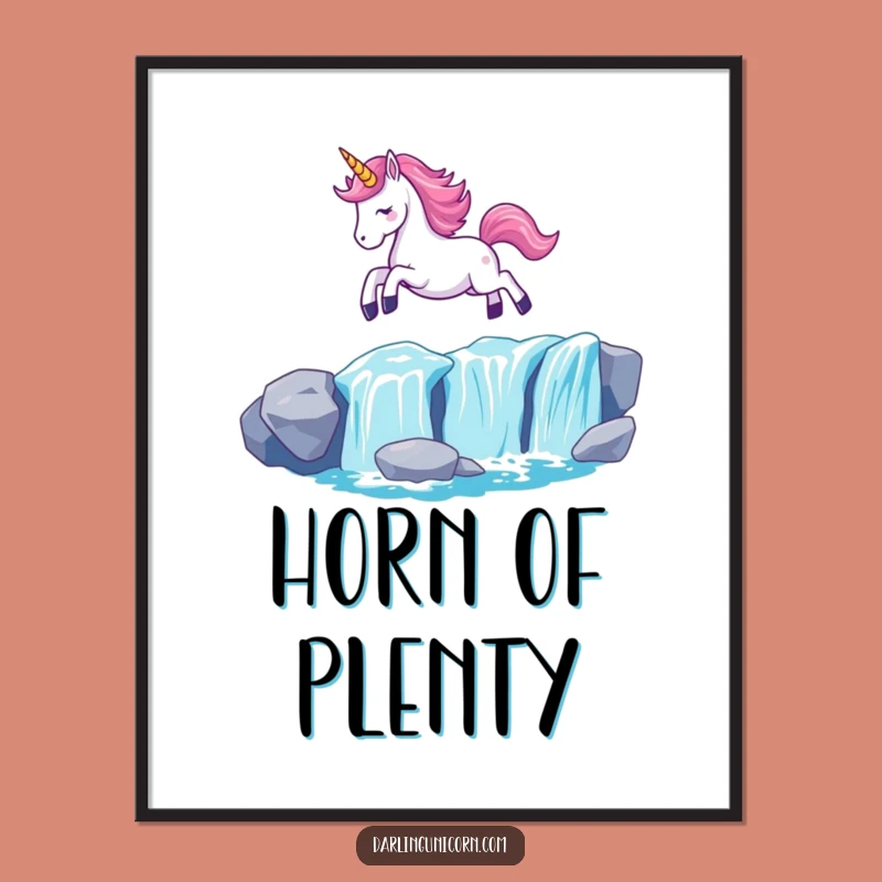 Funny Kawaii Unicorn Waterfall Leap Digital Art: Enchanting Wall Decor with Glowing Unicorn - Perfect Funny Gift