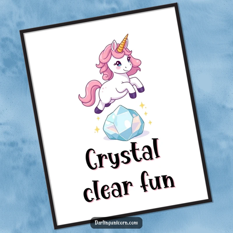 Funny unicorn digital art print of a playful unicorn leaping over a sparkling crystal, bringing instant energetic decor.