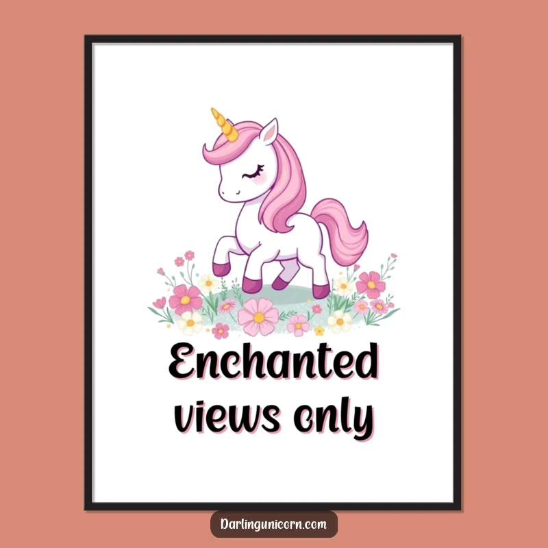 Funny Unicorn Digital Art: Prancing Magic on Glitter Flowers, Instant Download Gift