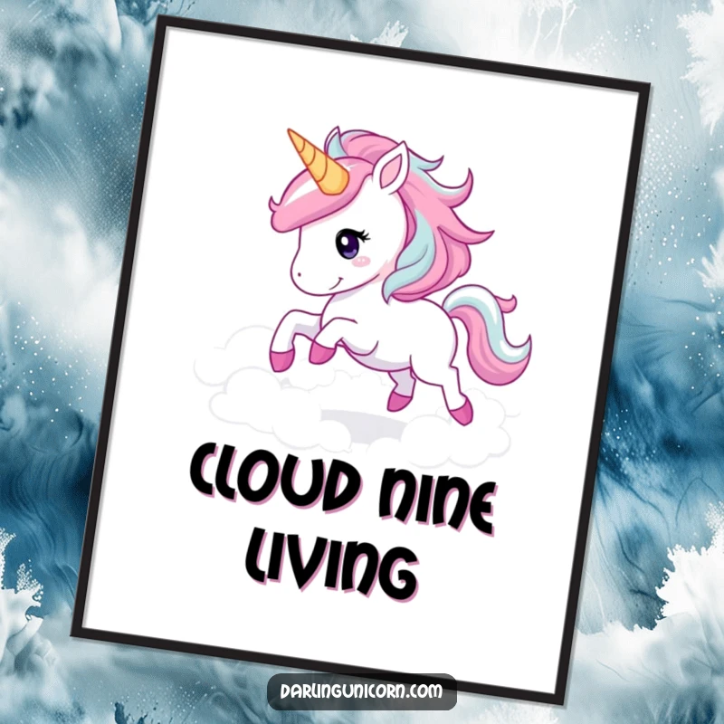 Funny unicorn galloping digital art print of a joyful unicorn with a sparkling mane, soaring through clouds, ready for printing.