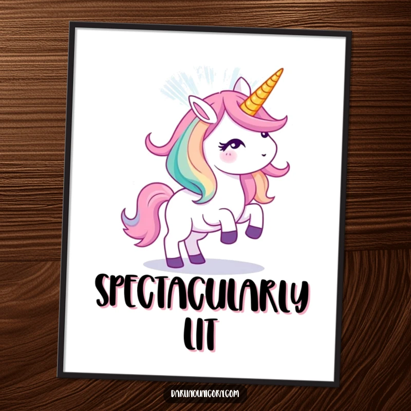 Funny digital art print of a unicorn projecting a brilliant, colorful light show from its horn, perfect for instant magic.